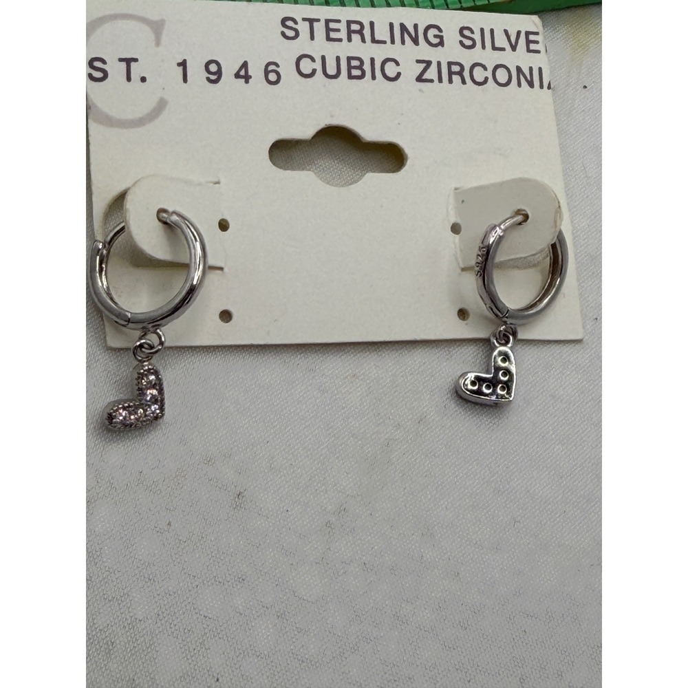 Sterling Silver Cubic Zirconia Heart Dangle Huggie Hoop Earrings S925